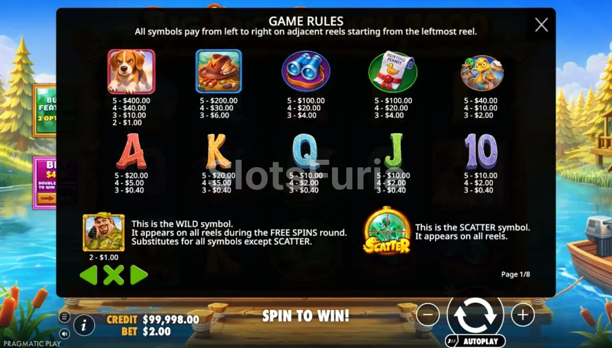 Tabla de pagos de Big Duck Splash 1000 con valores de símbolos