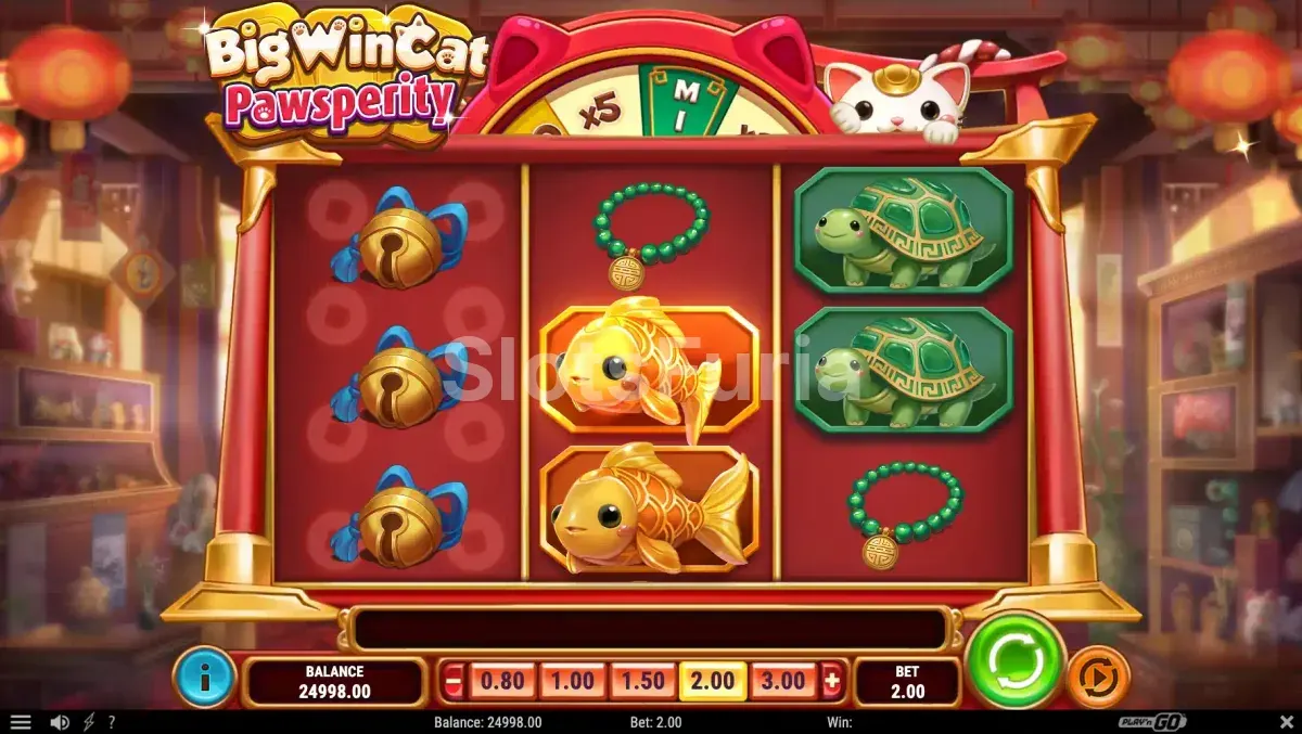 Pantalla principal del juego Big Win Cat Pawsperity con los rodillos activos