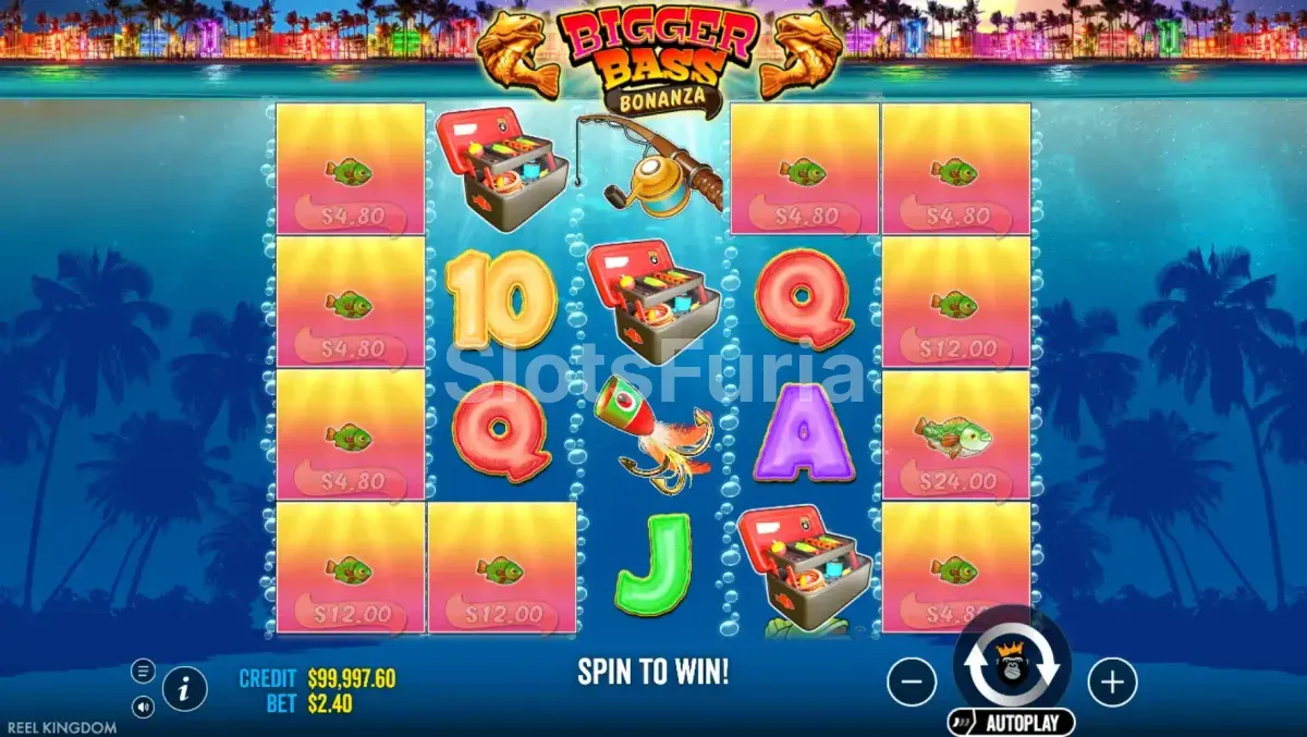 Juego base de Bigger Bass Bonanza con la grilla de 5 rodillos y 4 filas bajo el agua