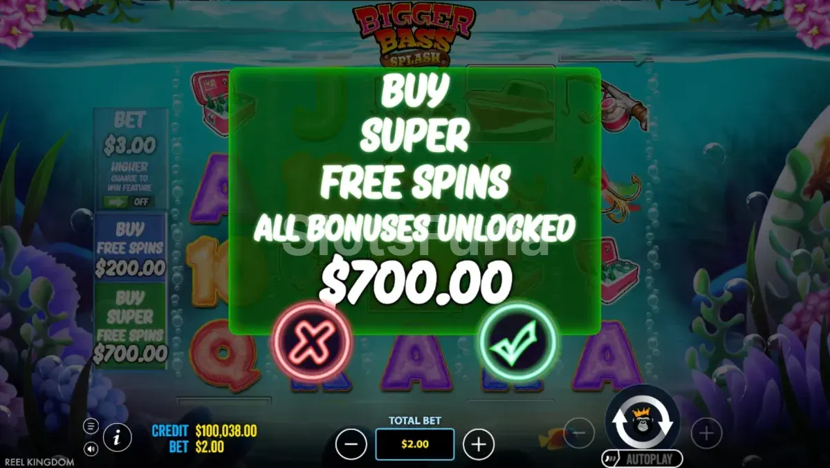 Menú de compra de bono en Bigger Bass Splash
