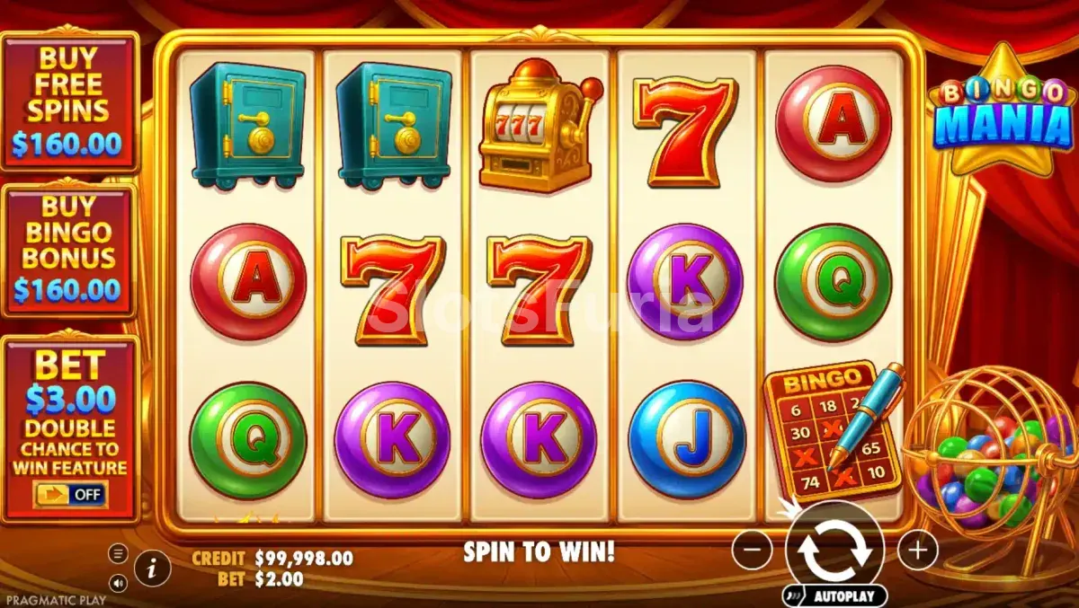 Pantalla del juego base de Bingo Mania con 5 rodillos y 3 filas
