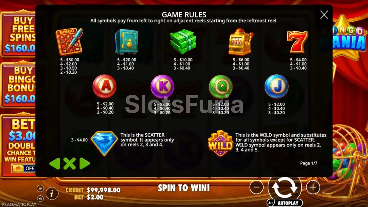 Tabla de pagos de Bingo Mania con los valores de cada símbolo