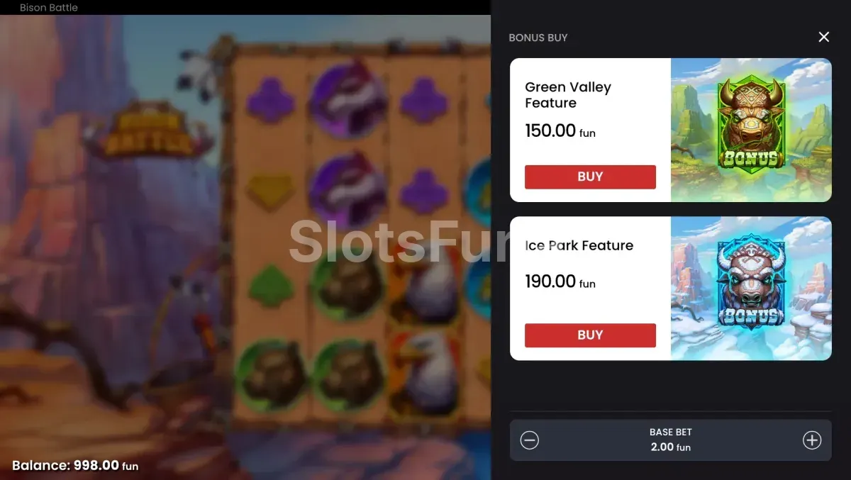 Menú de compra de bonus en Bison Battle con precios de cada función