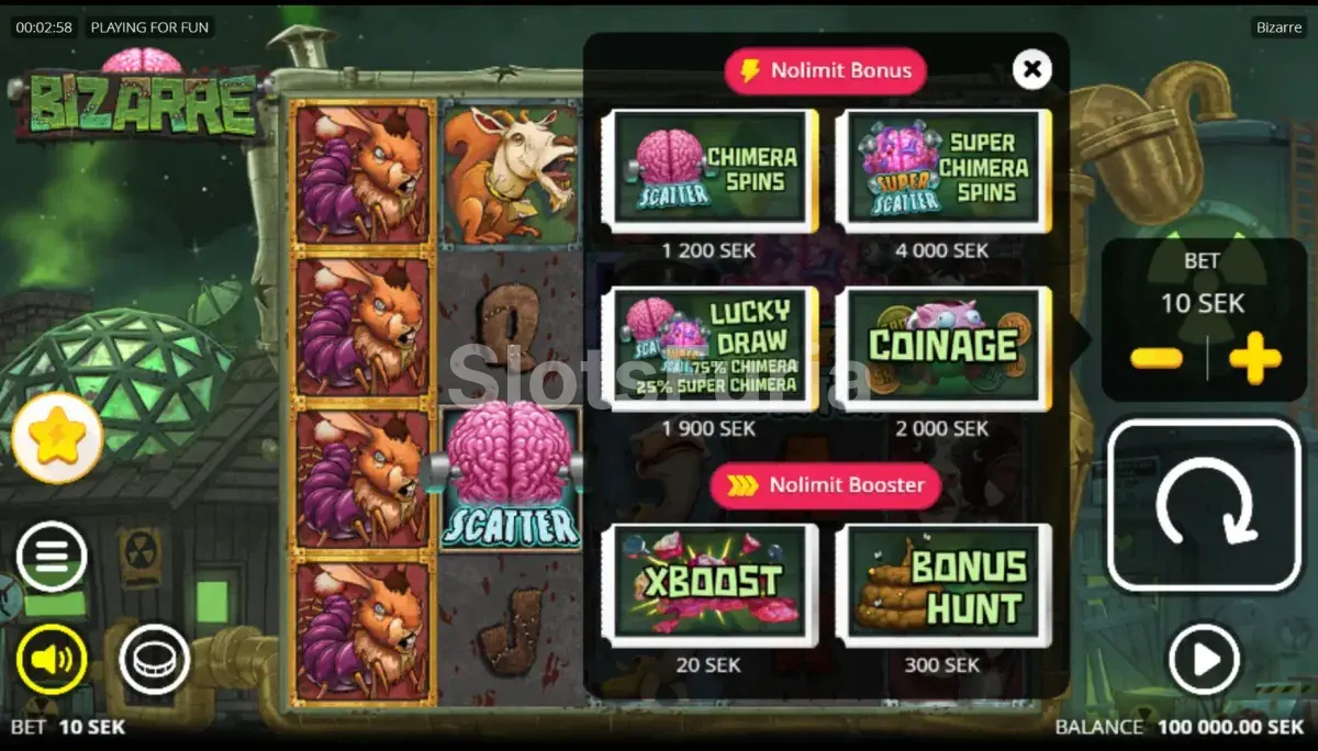 Menú de compra de bonus de Bizarre por Nolimit City