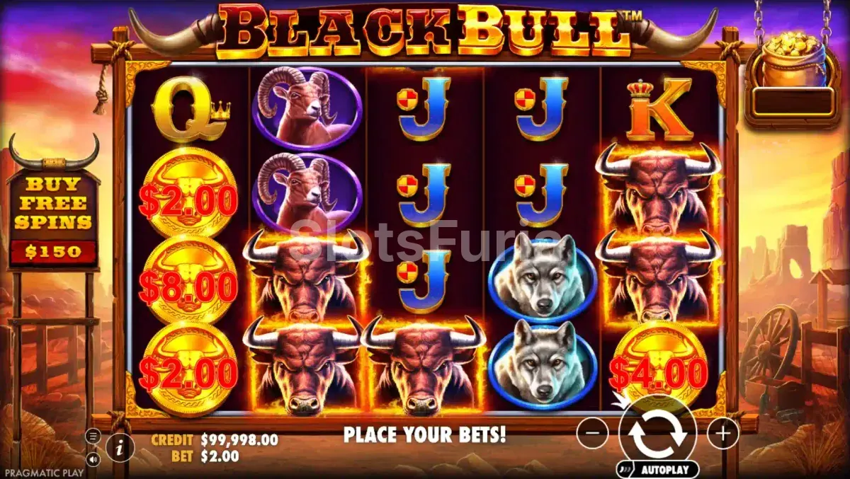 Juego base de Black Bull con símbolos MONEY en la cuadrícula de 5x4