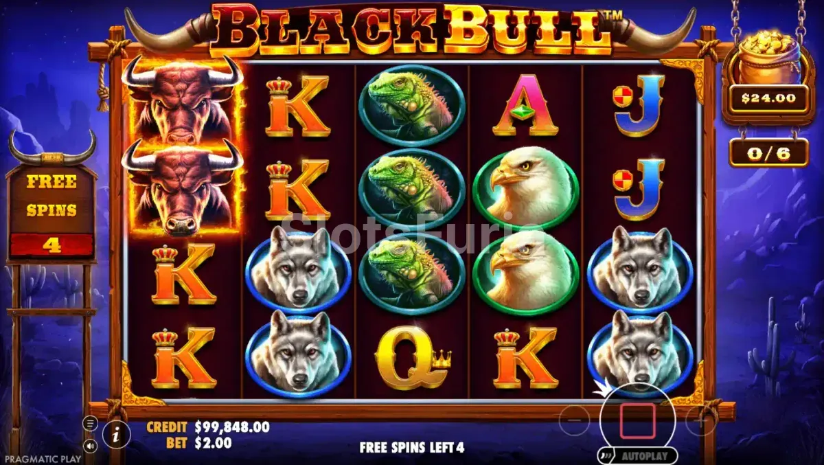 Ronda de giros gratis de Black Bull con el valor acumulado en pantalla