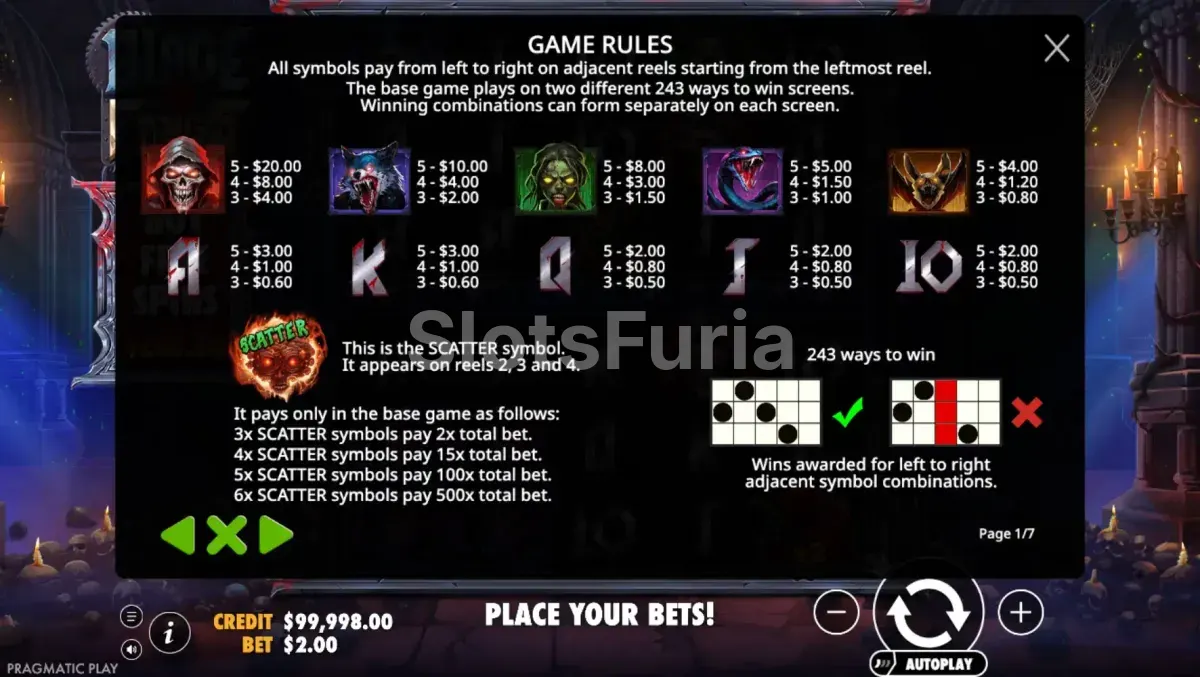 Tabla de pagos de Blade & Fangs con símbolos premium