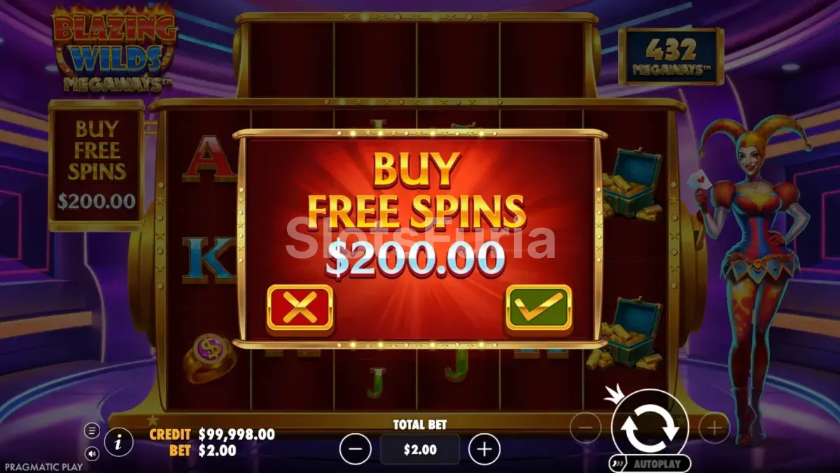 Menú de compra de bono en Blazing Wilds Megaways