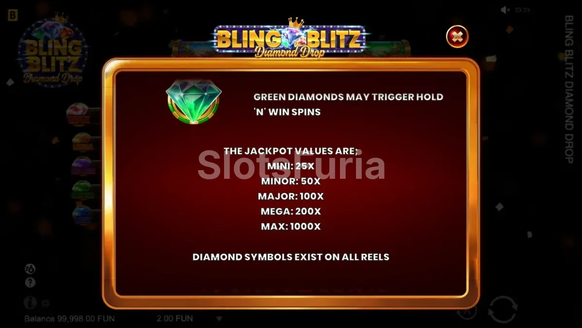 Tabla de pagos de Bling Blitz Diamond Drop con símbolos y multiplicadores
