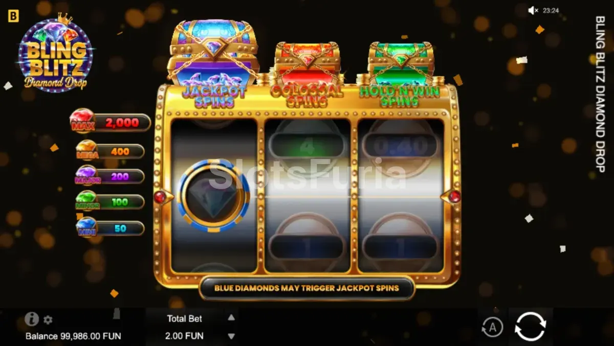 Segunda pantalla del juego base de Bling Blitz Diamond Drop mostrando bonificaciones activas