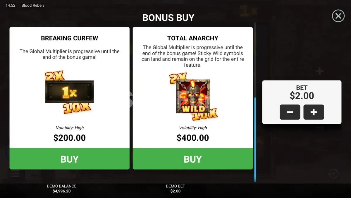 Pantalla de compra de bonos disponibles en Blood Rebels