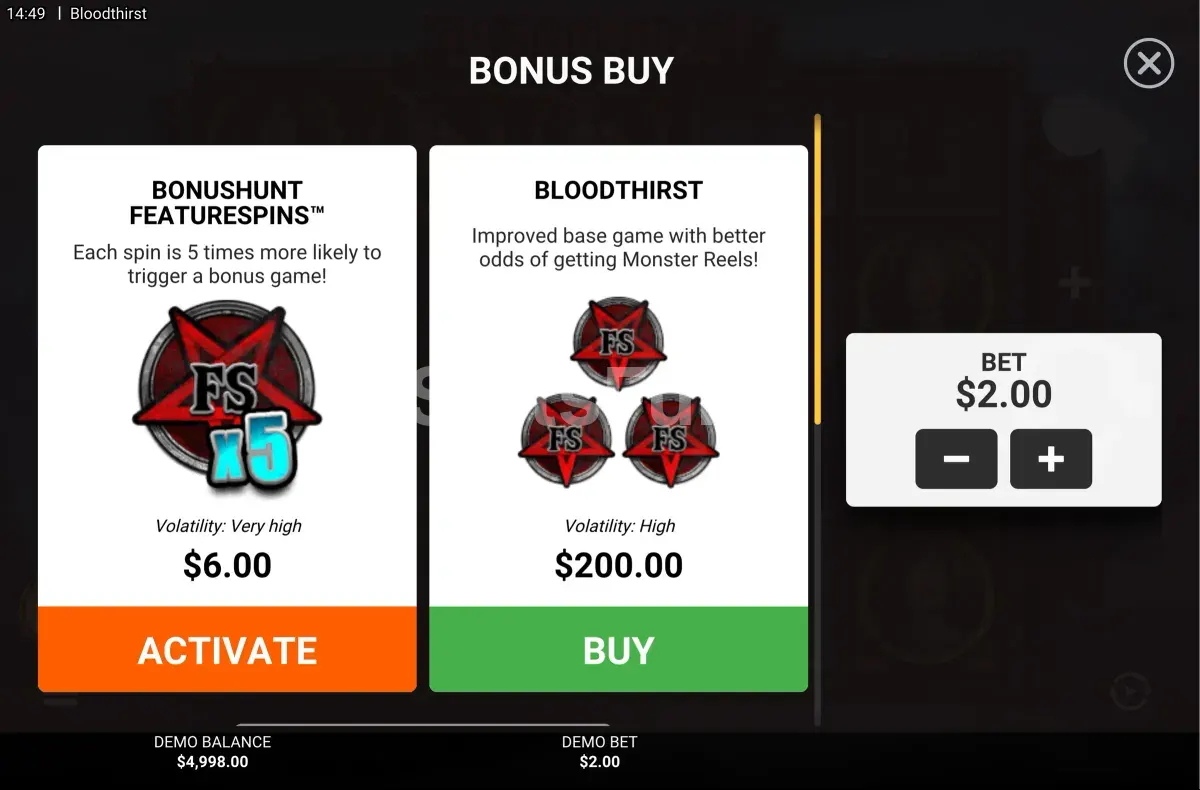Opciones de compra de bono en Bloodthirst de Hacksaw Gaming