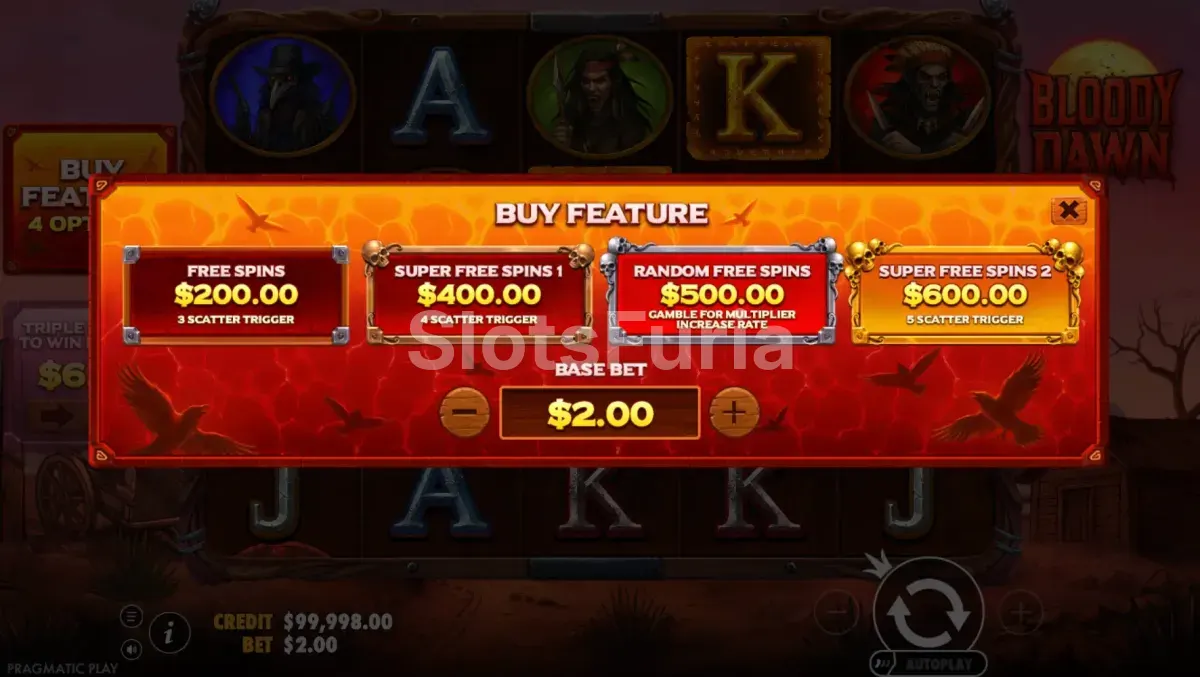Menú de compra de bonos en Bloody Dawn de Pragmatic Play