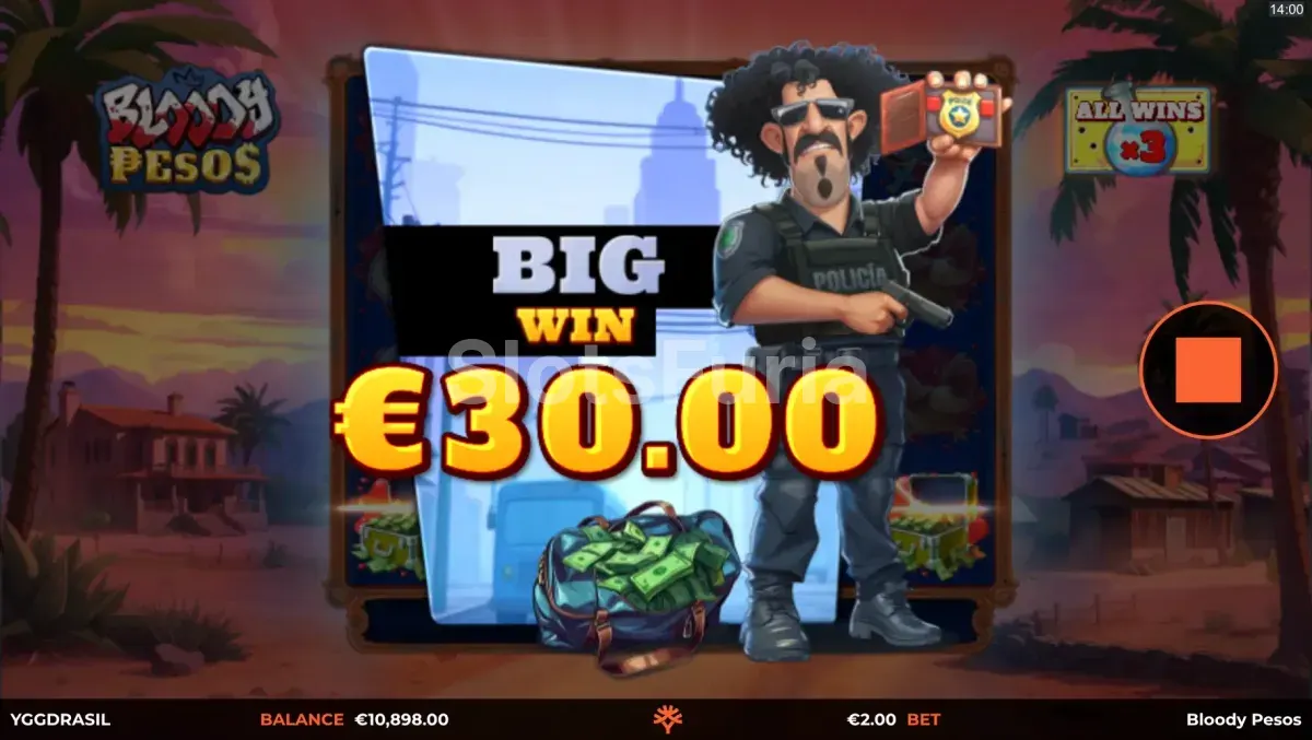 Pantalla de gran victoria en Bloody Pesos con ganancias máximas