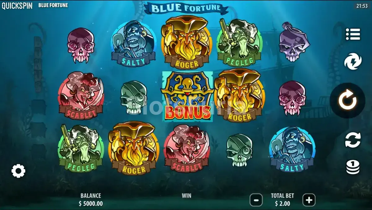 Pantalla principal de Blue Fortune con los piratas zombis y el galeón hundido