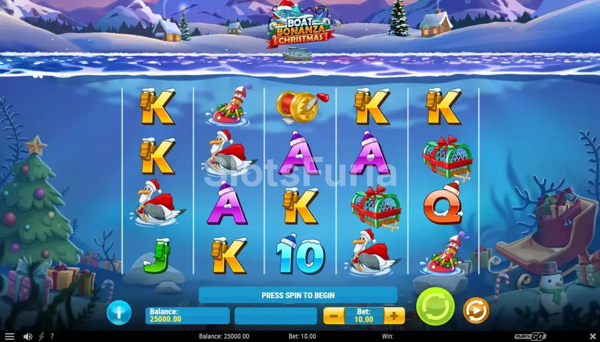 Pantalla principal del juego Boat Bonanza Christmas con el mar helado de fondo