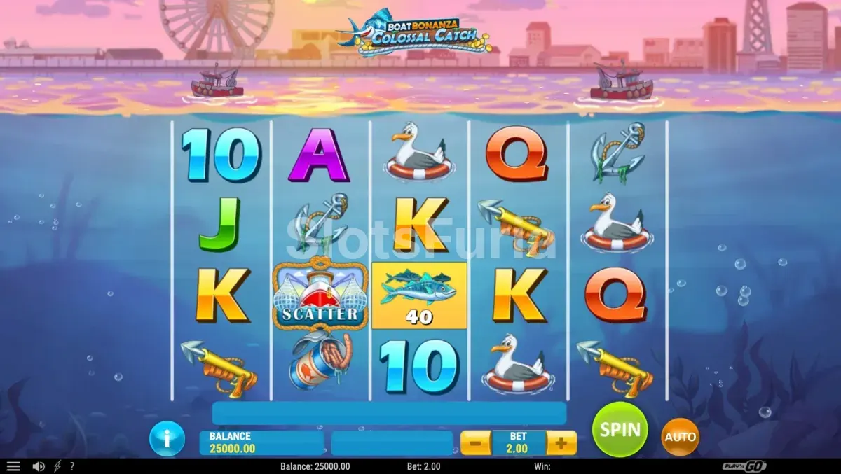 Pantalla principal de Boat Bonanza Colossal Catch con los barcos y el mar
