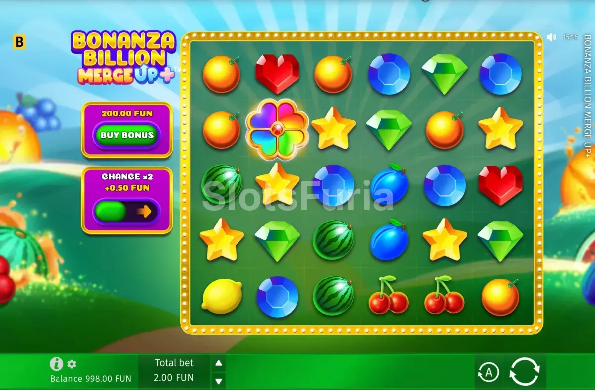 Juego base de Bonanza Billion Merge Up™+ con la cuadrícula de frutas de 6 rodillos