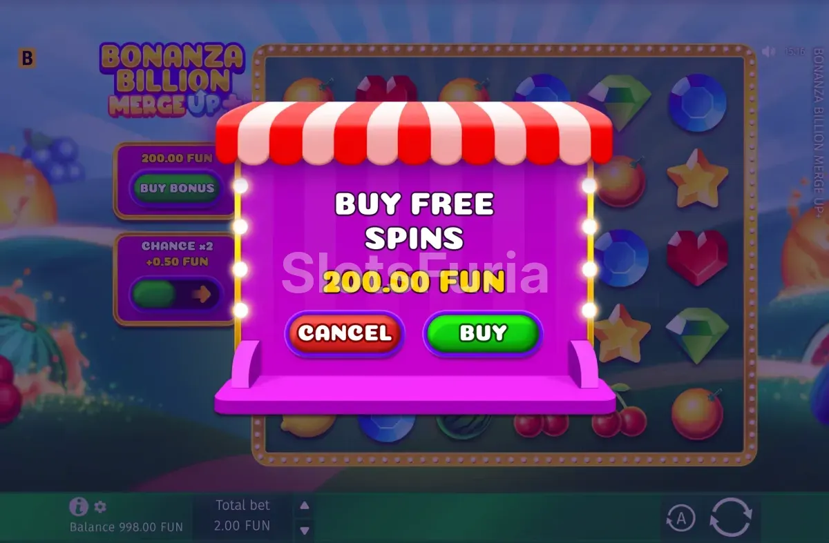 Pantalla de compra de bonus en Bonanza Billion Merge Up™+