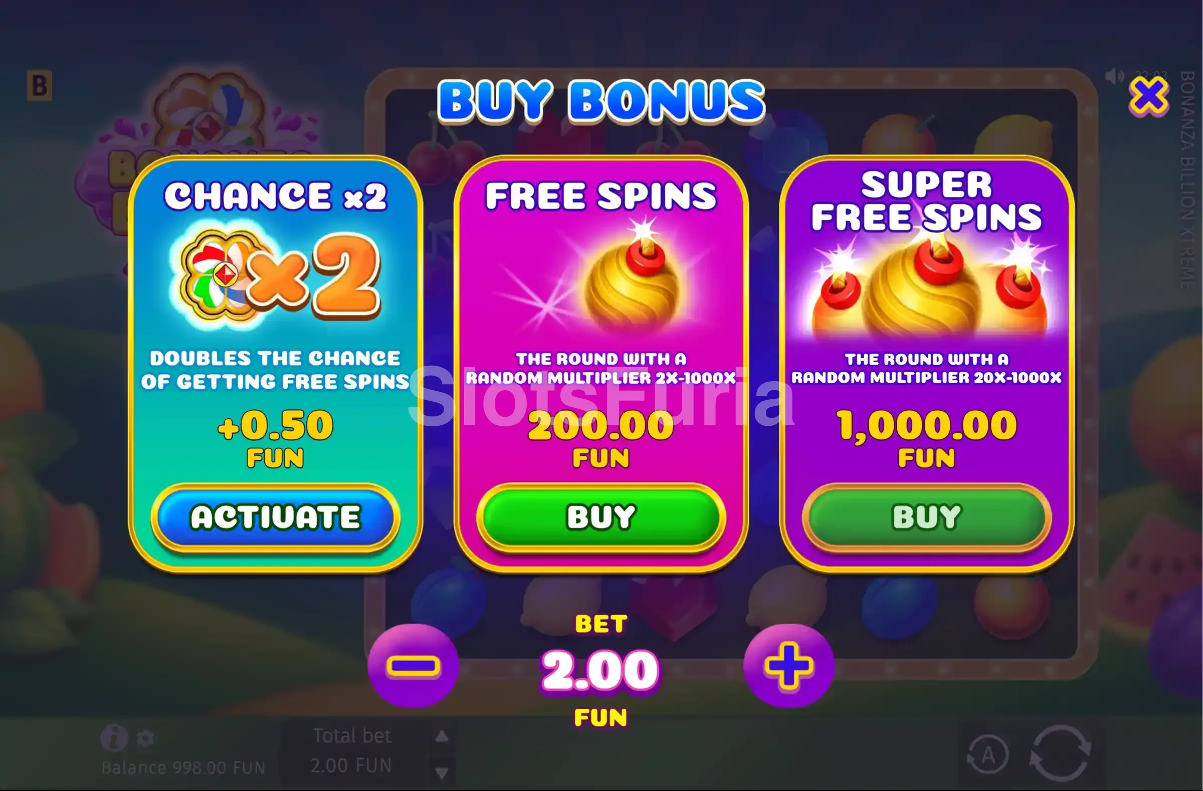 Pantalla de compra de bono en Bonanza Billion Xtreme