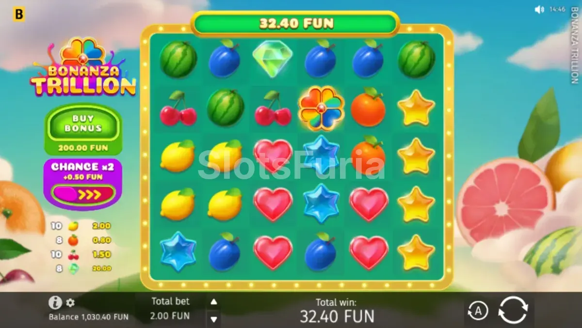 Juego base de Bonanza Trillion con rodillos llenos de frutas