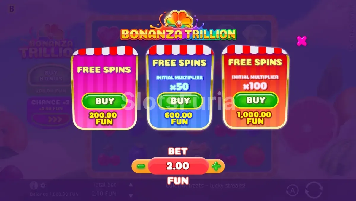 Menú de compra de bonus en Bonanza Trillion con tres opciones disponibles