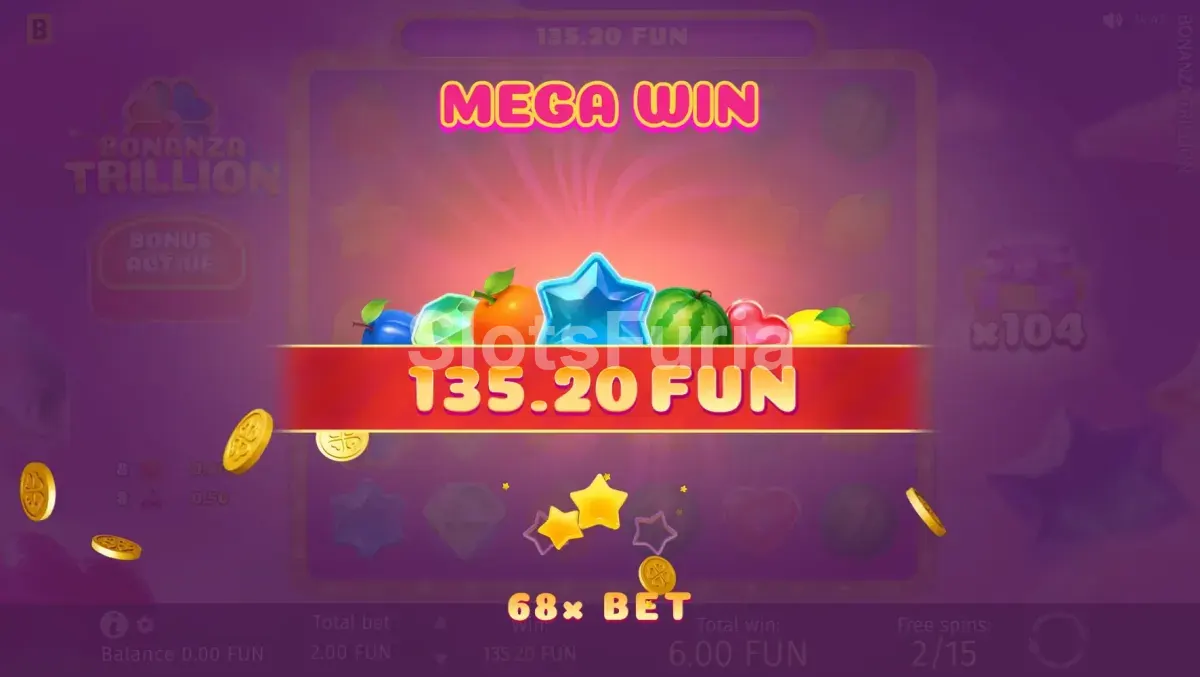 Gran victoria en Bonanza Trillion con multiplicador elevado y pantalla de celebración