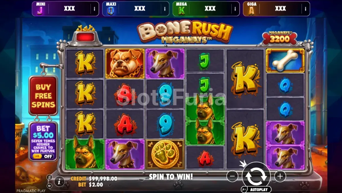 Juego base de Bone Rush Megaways Oranje Jackpot con la grilla de 6 rodillos