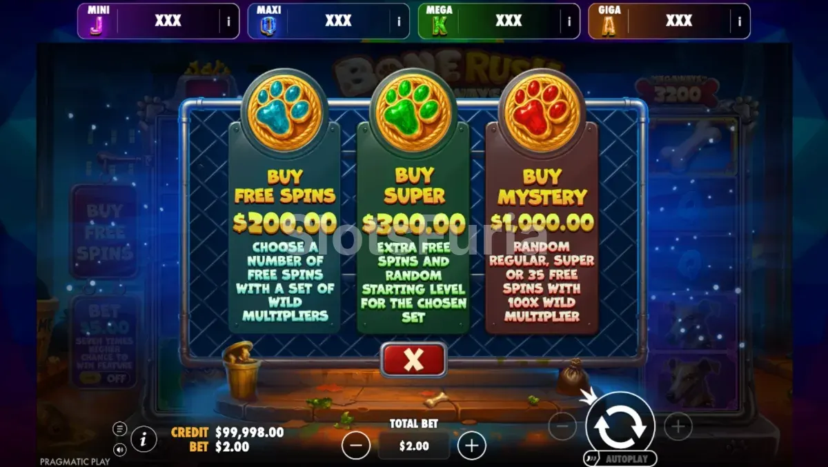 Pantalla de compra de bono de Bone Rush Megaways Oranje Jackpot