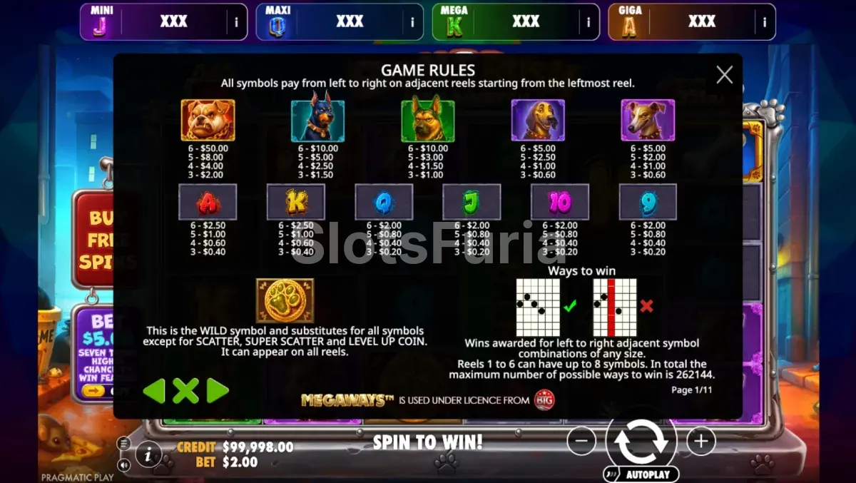 Tabla de pagos de Bone Rush Megaways Oranje Jackpot con los valores de cada símbolo