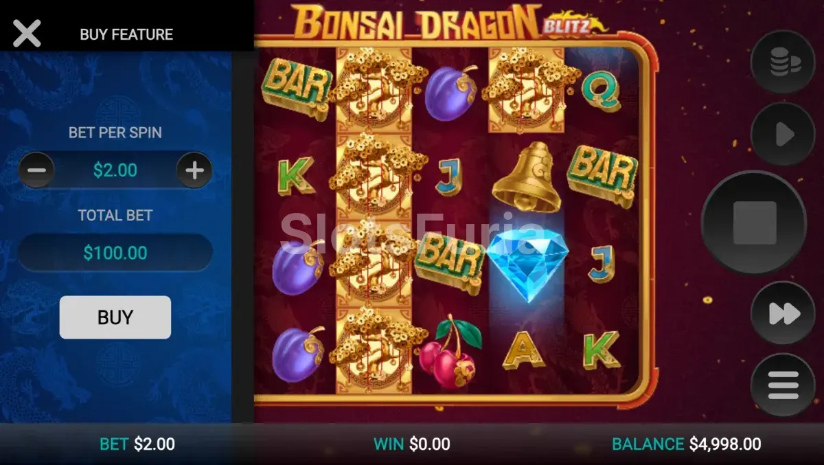 Pantalla de compra de bonos en Bonsai Dragon Blitz Dream Drop con todas las opciones disponibles