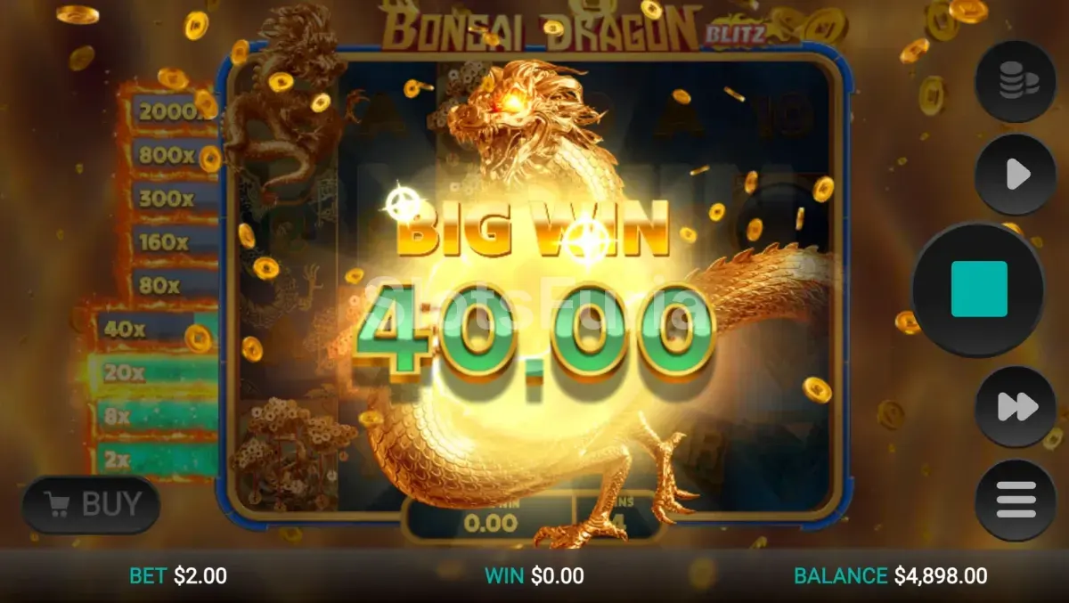 Gran victoria en Bonsai Dragon Blitz Dream Drop con multiplicador máximo alcanzado