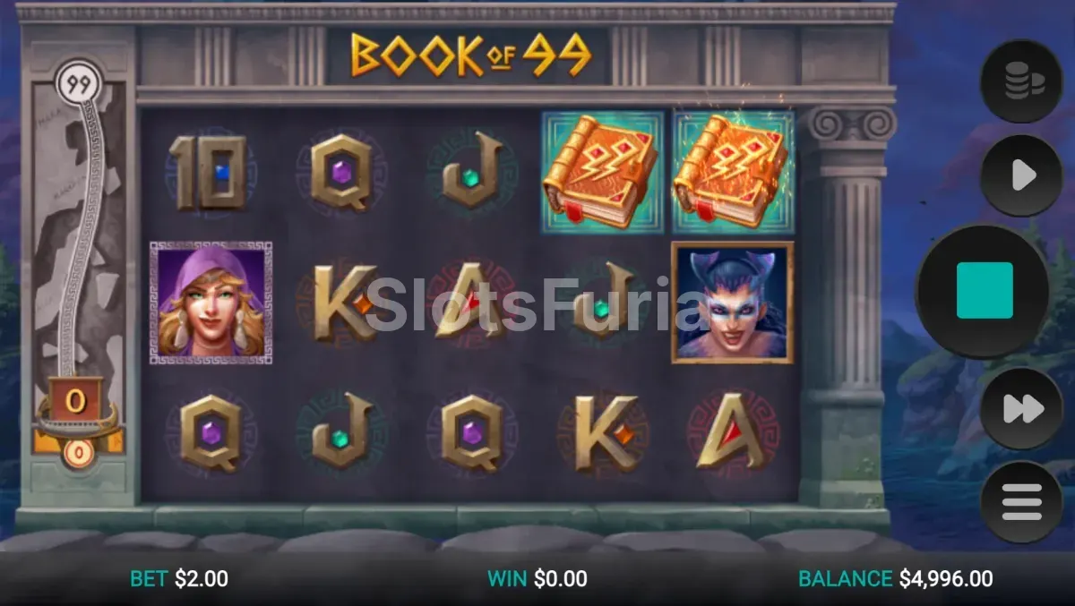 Segunda vista del juego base de Book of 99 mostrando giros activos