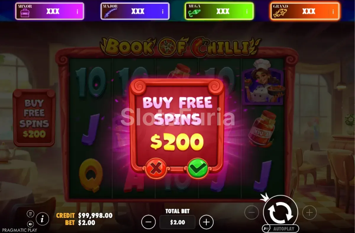 Pantalla de compra de bonus de Book of Chilli, Big Bass Jackpot Bonanza