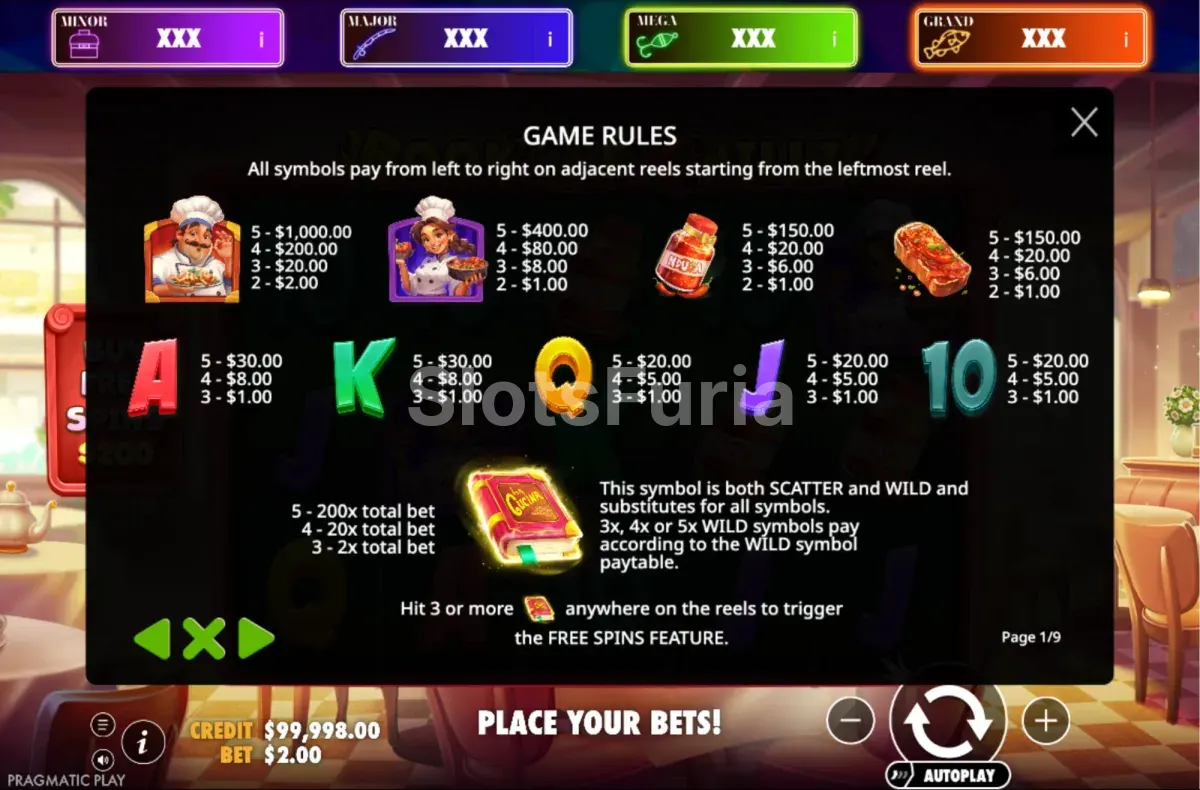 Tabla de pagos de Book of Chilli, Big Bass Jackpot Bonanza con los valores de cada símbolo