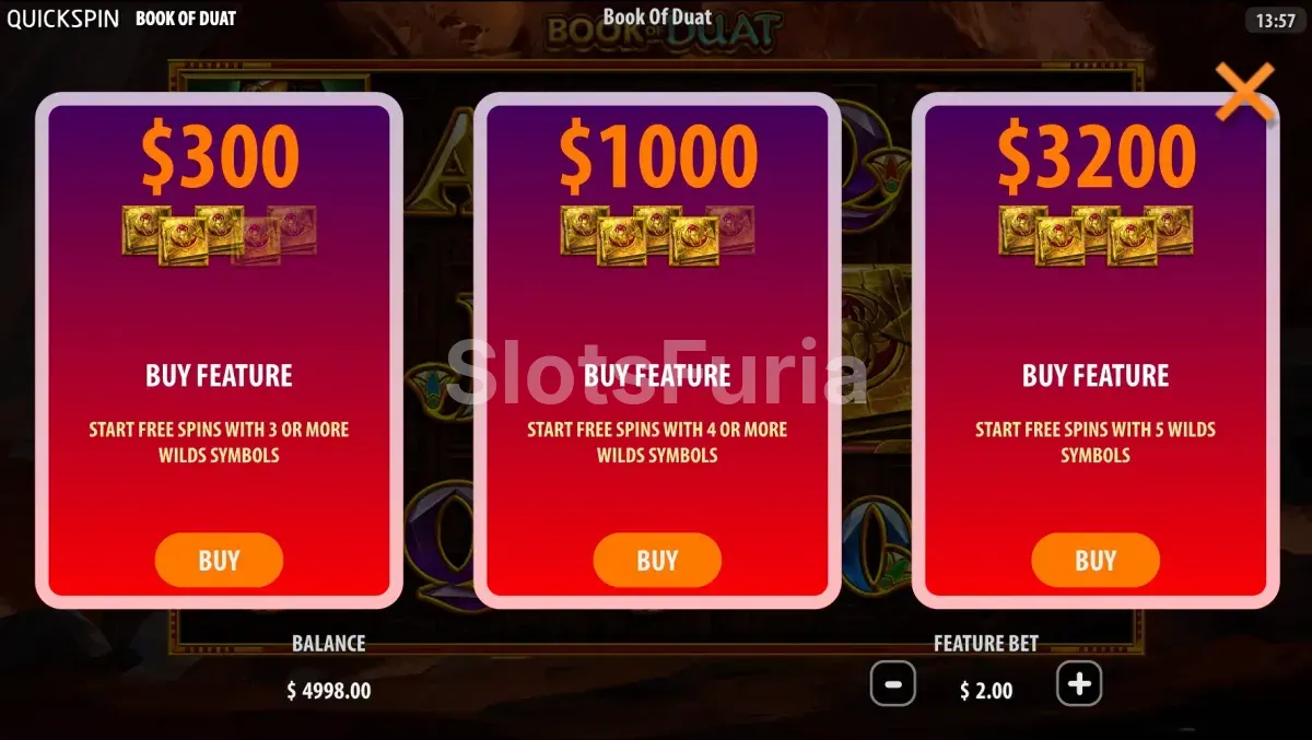 Pantalla de compra de bonus de Book of Duat con tres niveles