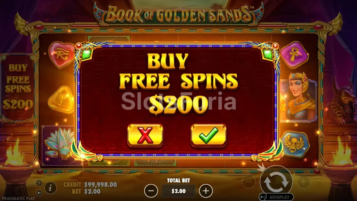 Pantalla de compra de bonus en Book of Golden Sands