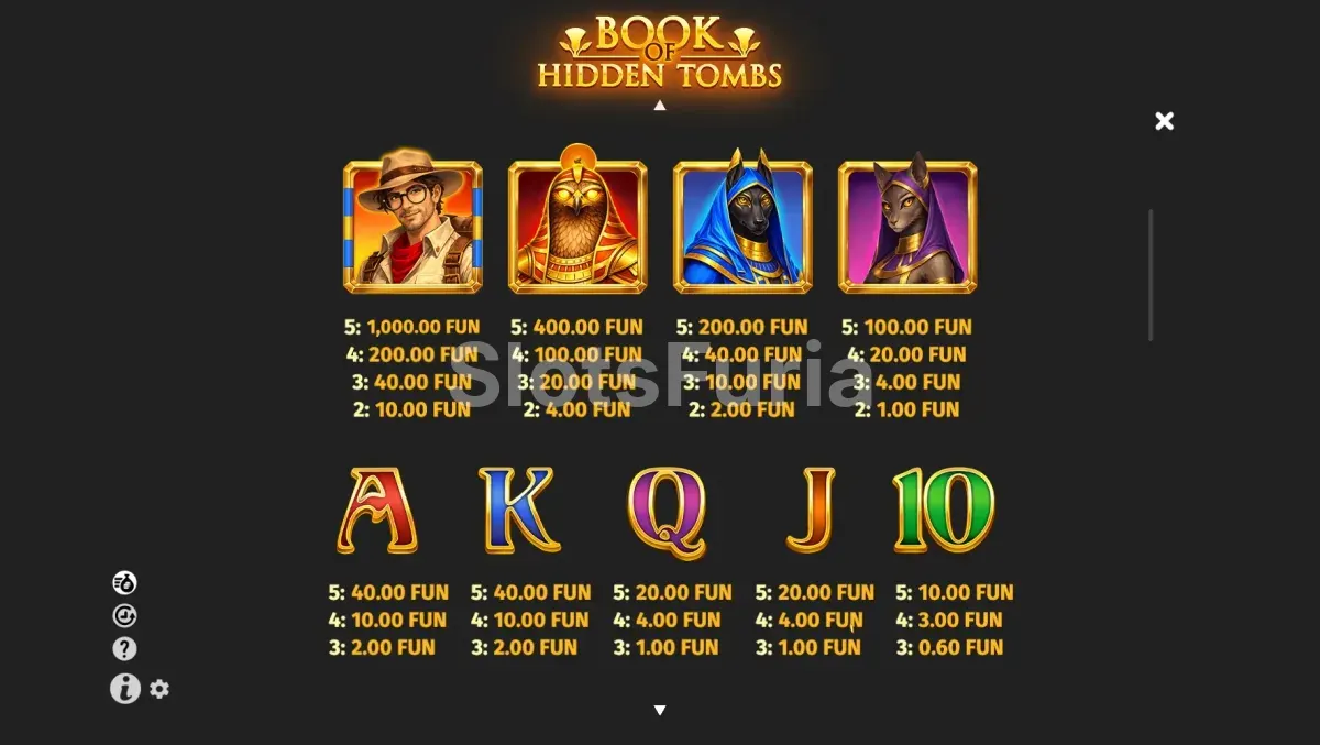 Tabla de pagos de Book of Hidden Tombs con símbolos y valores