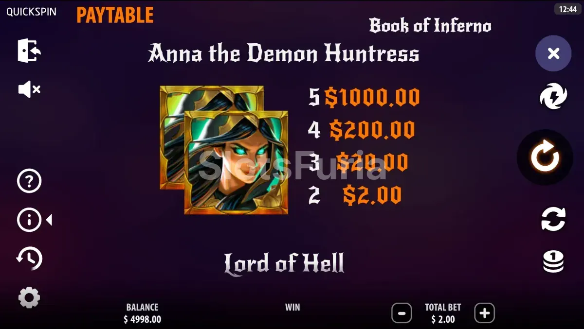 Tabla de pagos de Book of Inferno y sus símbolos