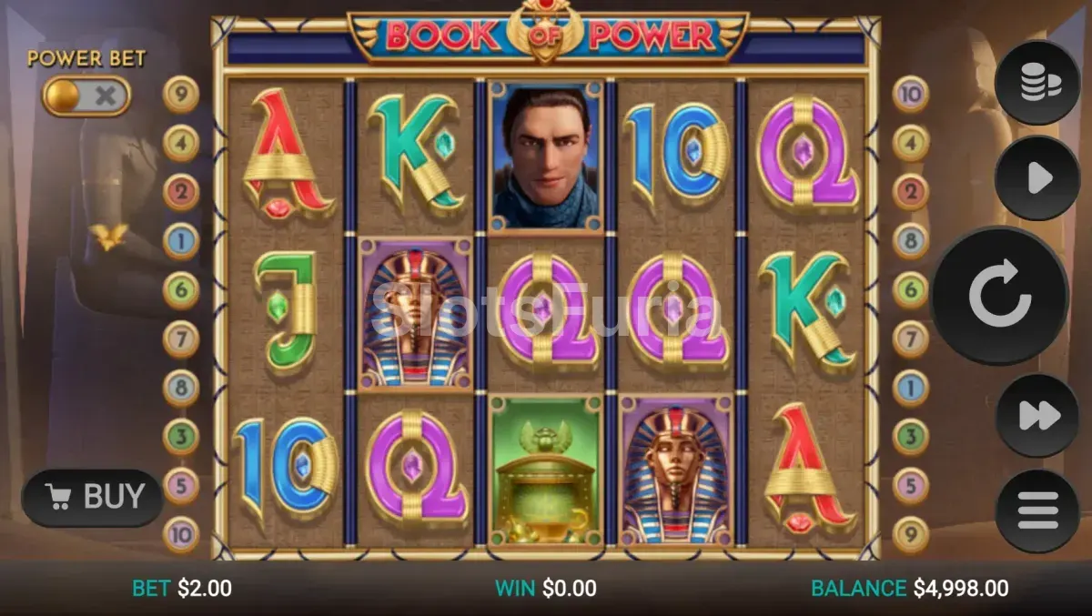 Pantalla principal del juego Book of Power con el tablero de símbolos en el antiguo Egipto