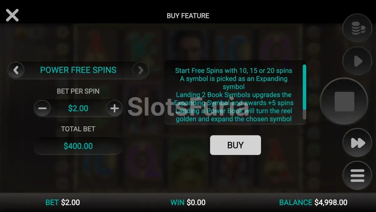 Pantalla de compra de bonus de Book of Power con las dos opciones disponibles