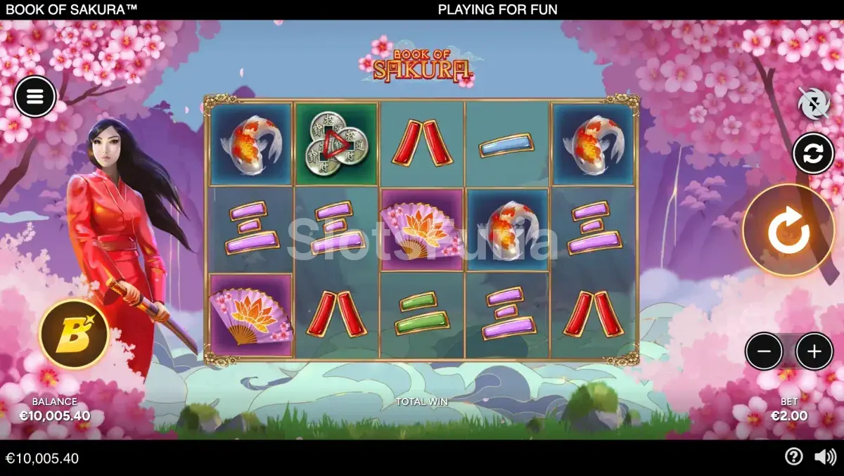 Pantalla principal del juego base de Book of Sakura con pétalos de cerezo