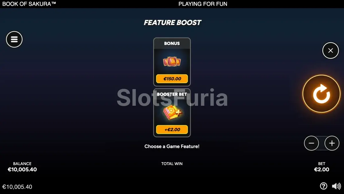 Menú de compra de bonus en Book of Sakura con precio de 75x la apuesta