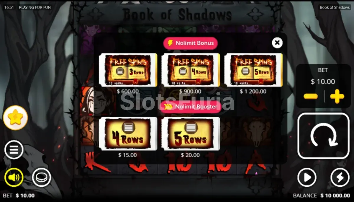 Menú de cinco compras de Book of Shadows, tragamonedas de magia de Nolimit City