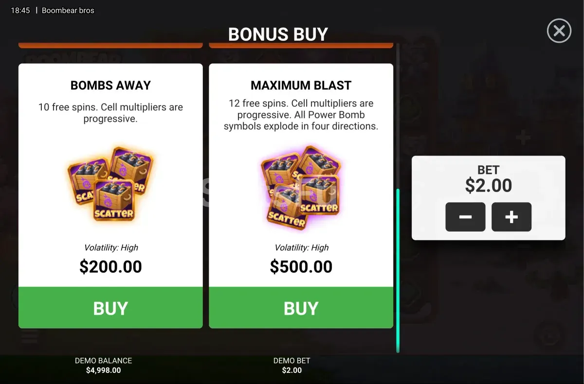 Menú de compra de Boombear Bros, tragamonedas de Hacksaw Gaming