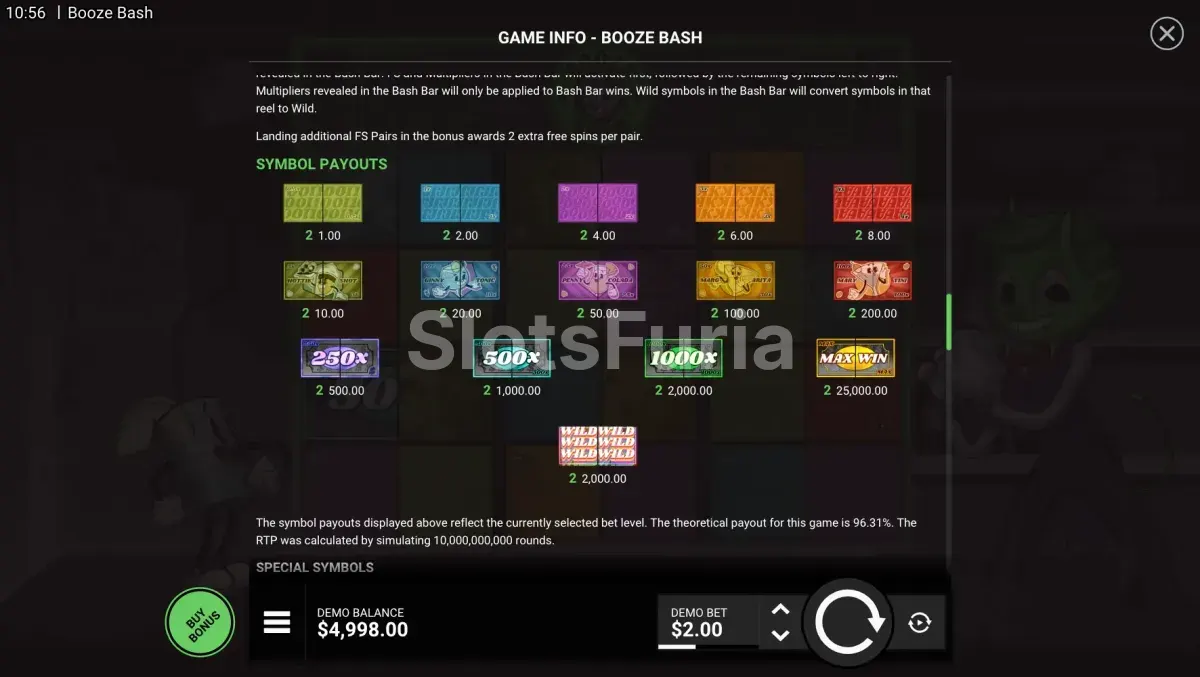Tabla de pagos de Booze Bash con todos los símbolos y sus valores