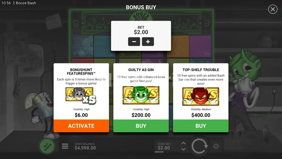 Pantalla de compra de bonus en Booze Bash con las opciones disponibles