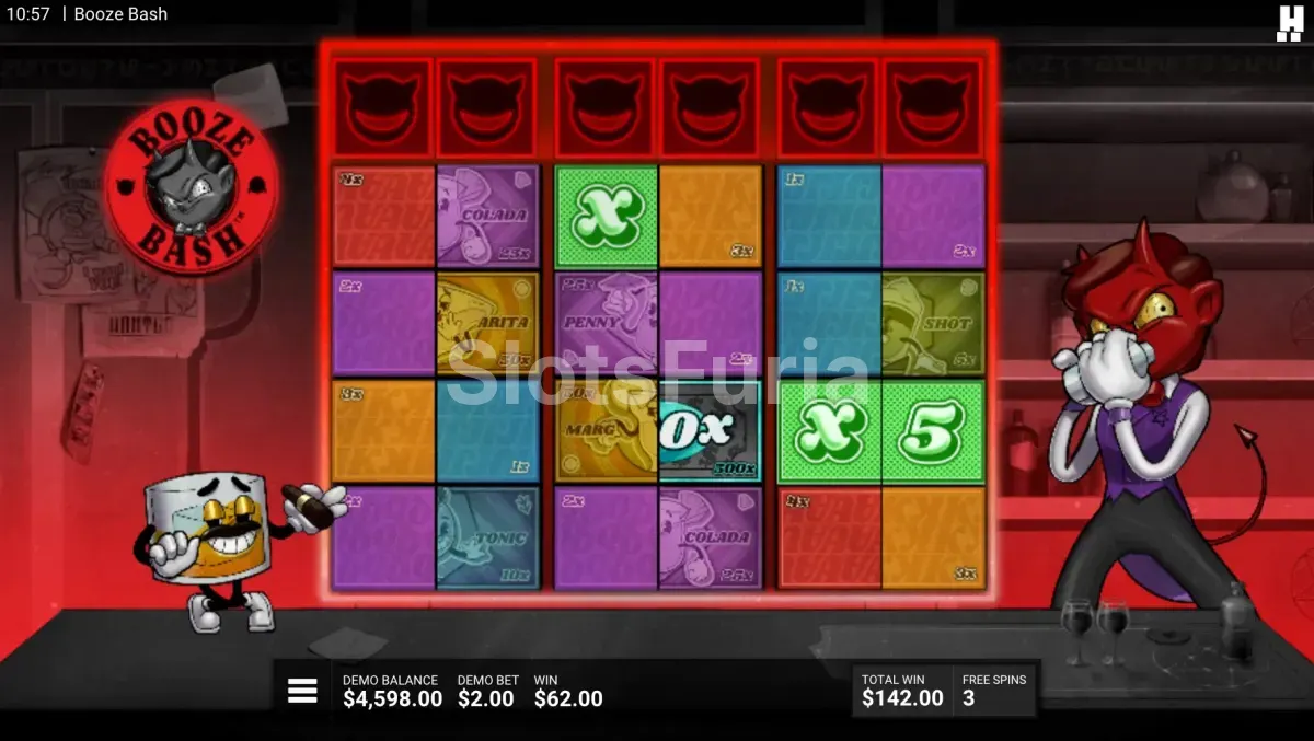 Ronda de giros gratuitos activada en Booze Bash con multiplicadores en pantalla