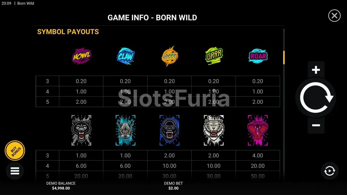 Tabla de pagos de Born Wild con todos los símbolos del juego