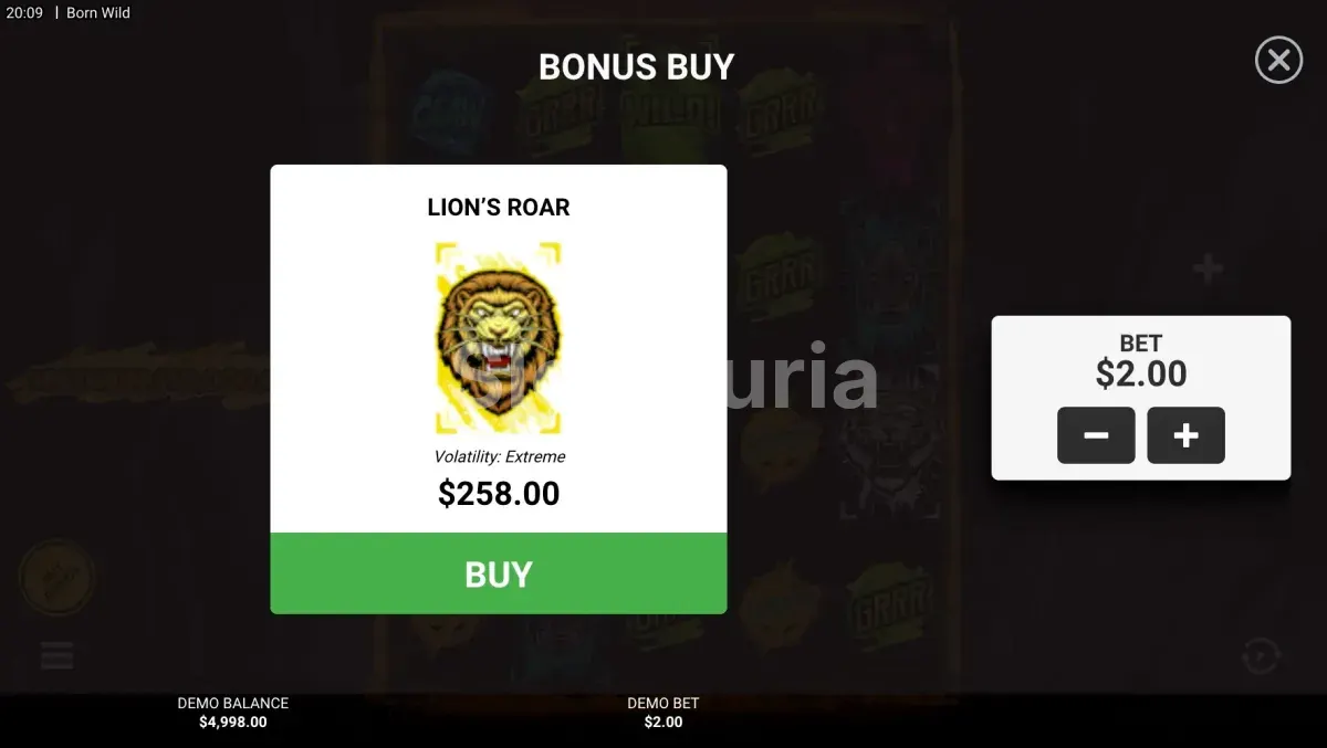 Pantalla de compra de bonus en Born Wild de Hacksaw Gaming